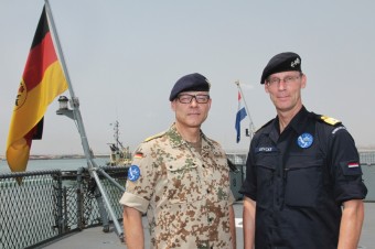 Rear-Admiral-Kaack-and-Commodore-Luyckx-onboard- of the FGS-Bayern-OP. Atalanta August 2016